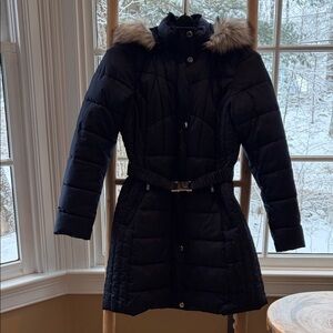 Laundry by Design Classic Navy Belted Puffer Coat with Faux Fur Trim